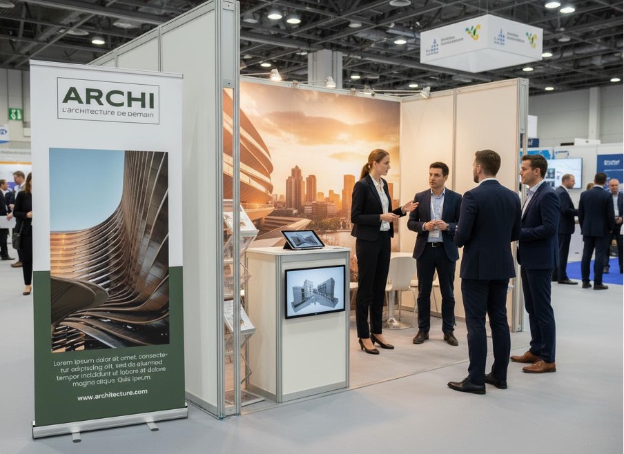 photo d’un stand professionnel avec un kakémono roll-up