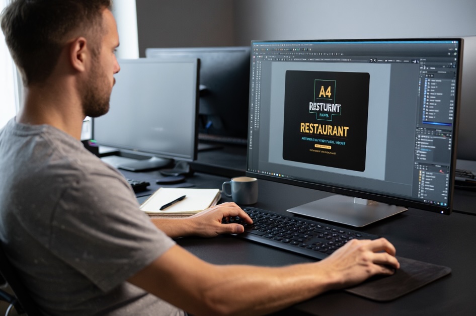 Photo d’un graphiste qui est en train de créer le design d’un flyer au format A4