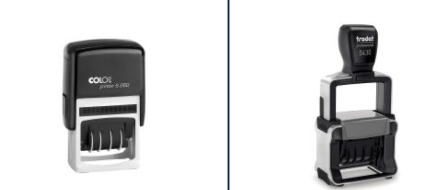 Photo de deux tampons dateurs des marques Colop et Trodat