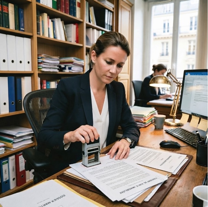 Avocat utilisant un tampon encreur sur un dossier juridique