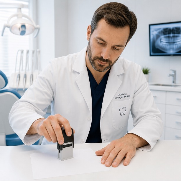 Dentiste utilisant un tampon encreur sur une ordonnance
