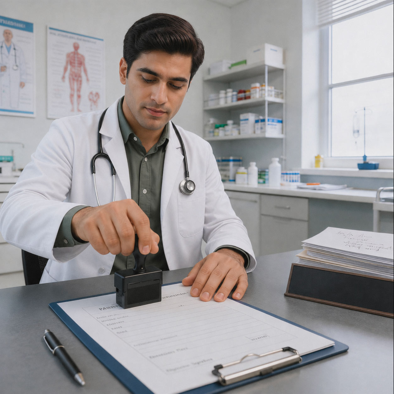 Medecin utilisant un tampon encreur sur une ordonnance