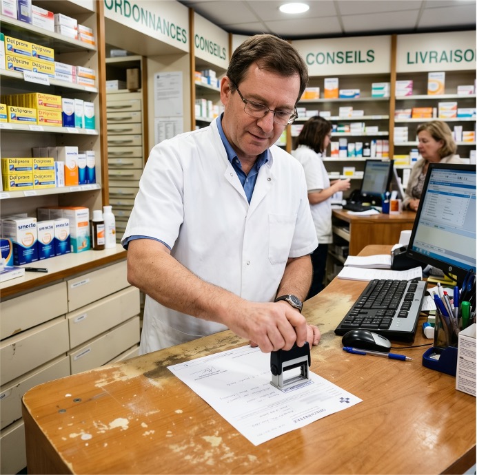 Pharmacien utilisant un tampon encreur sur une ordonnance
