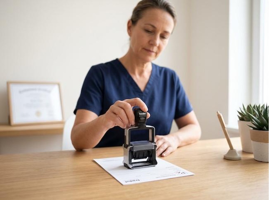 Sage-femme utilisant un tampon encreur sur une ordonnance