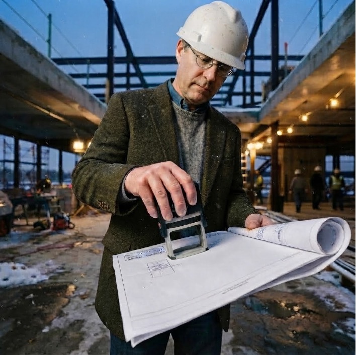 Architecte utilisant un tampon encreur sur un plan