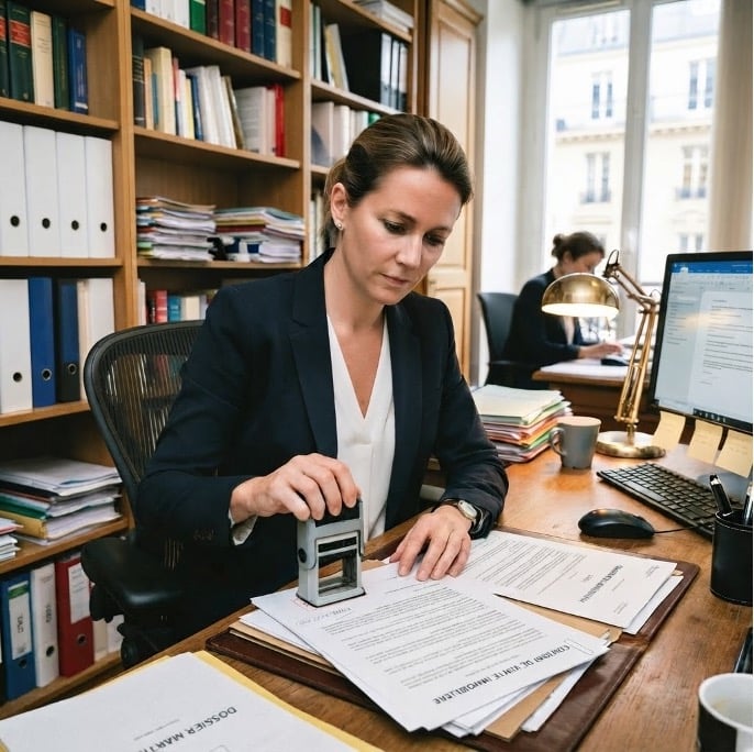 Avocat utilisant un tampon encreur sur un dossier juridique