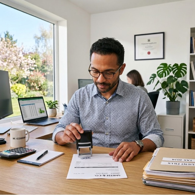 Comptable utilisant un tampon encreur sur des documents financiers