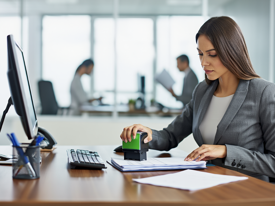 Photo d'une salariée en train de tamponner un document