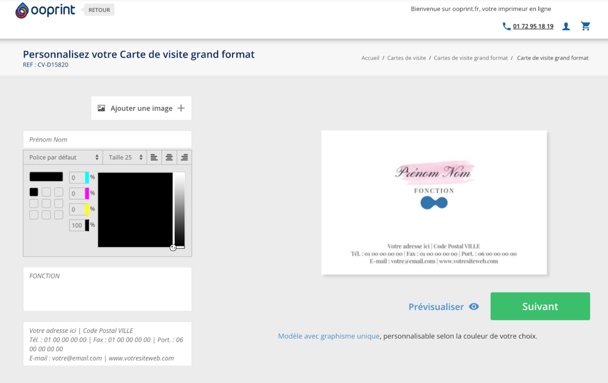 Capture d'écran du logiciel Ooprint montrant la création et la personnalisation d'une carte de visite
